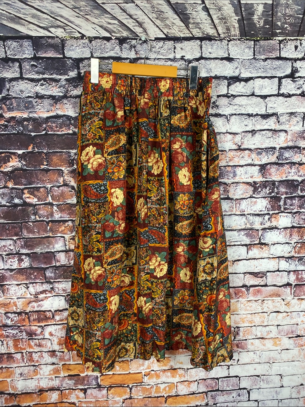 Vintage 100% Silk Patchwork Floral Multi Colour Boho Midi Skirt Sz M - Picture 9 of 11